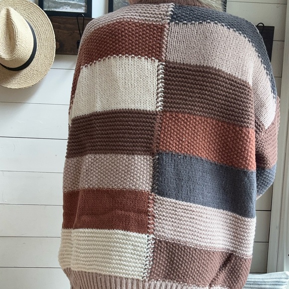 Mocha Brown Combo Checker Block Knit Cardigan Sweater - Picture 4 of 4